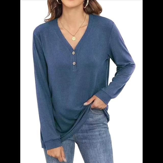 Blusas Tipo Túnica de Larga para Mujer, con Cuello en V, Botones y Ribete Suave, Informales y Holgadas Azul Oscuro M