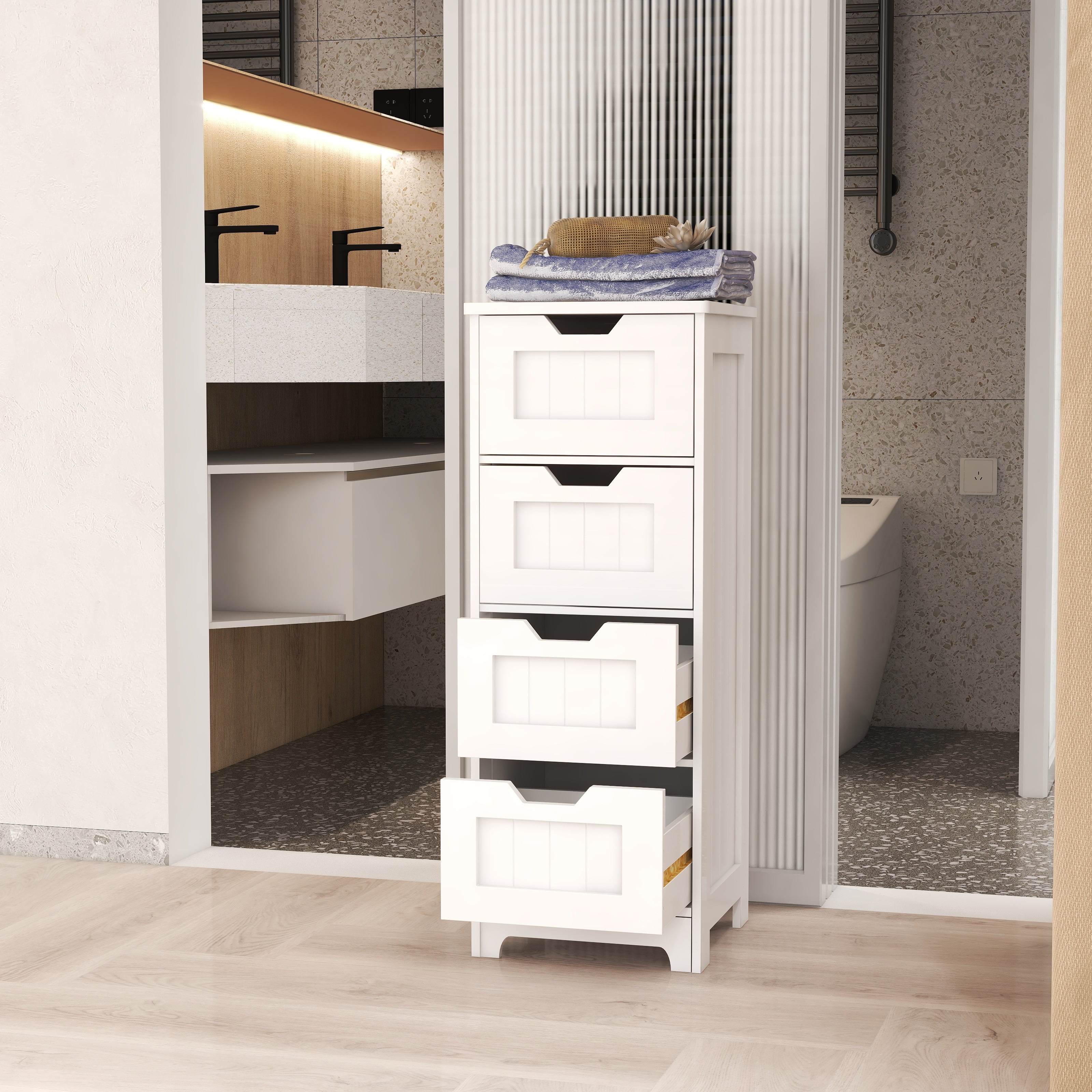 White freestanding storage cabinet with 4 drawers