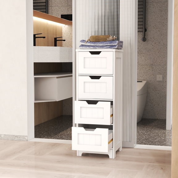 Llinc Store White Freestanding Storage Cabinet With 4 Drawers, Suitable For Bathroom, Living Room, Kitchen