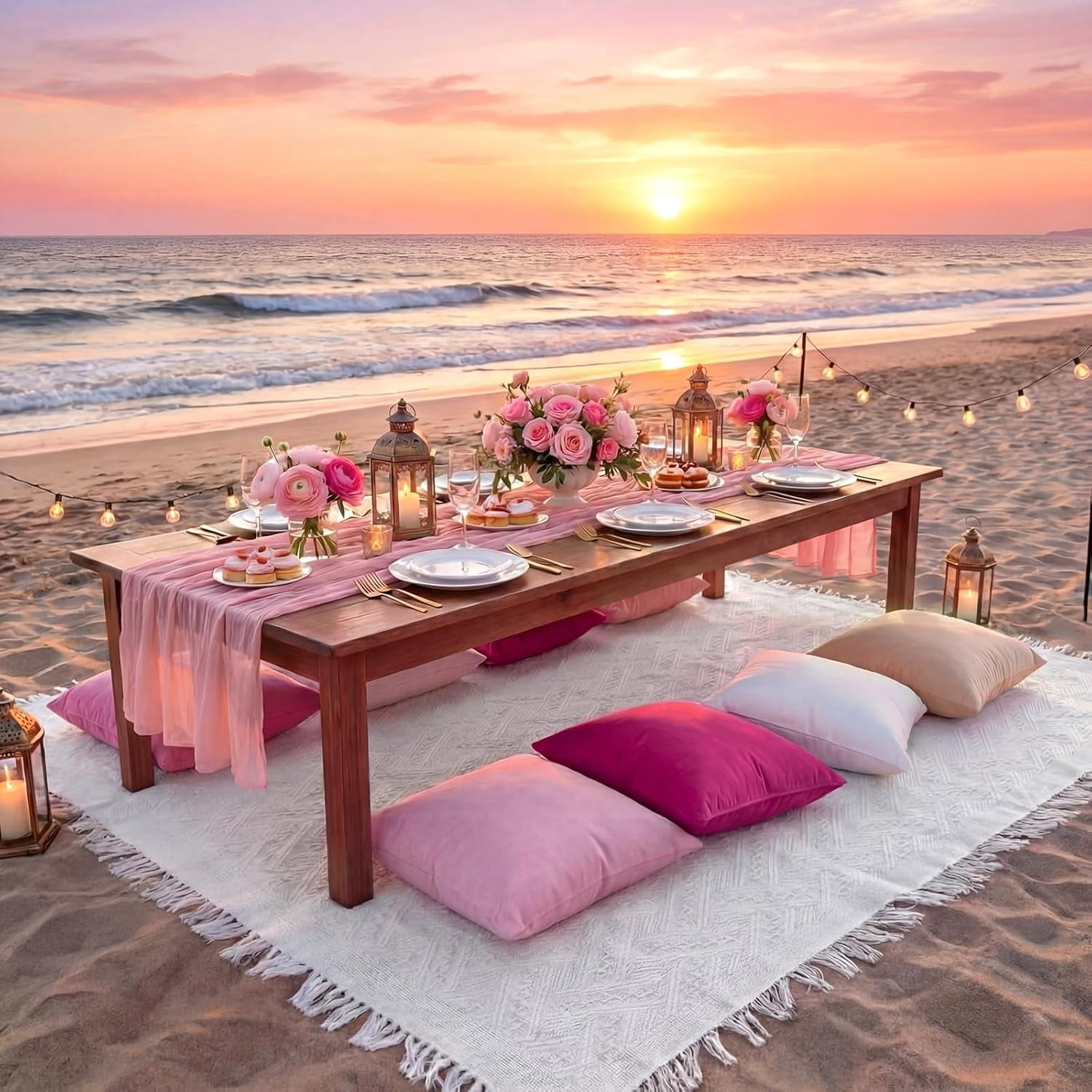 10 Pcs 71''x102'' Extra Large White Outdoor Boho Picnic Blanket with Pink Table Runner 8 Throw Pillow Cover Oversized Washable Portable Beach Blanket for Valentine Picnic Camp Lawn Wedding