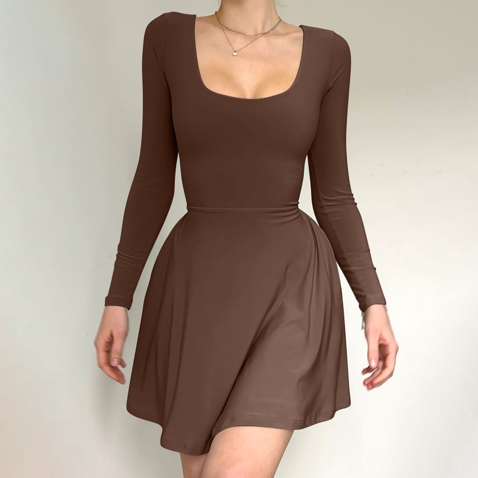 Womens Spring And Winter Solid Color Inner And Outer Wearing Solid Color  Long Sleeved Waistband Lace Up With Ruffle Bottom Dress - Walmart.ca