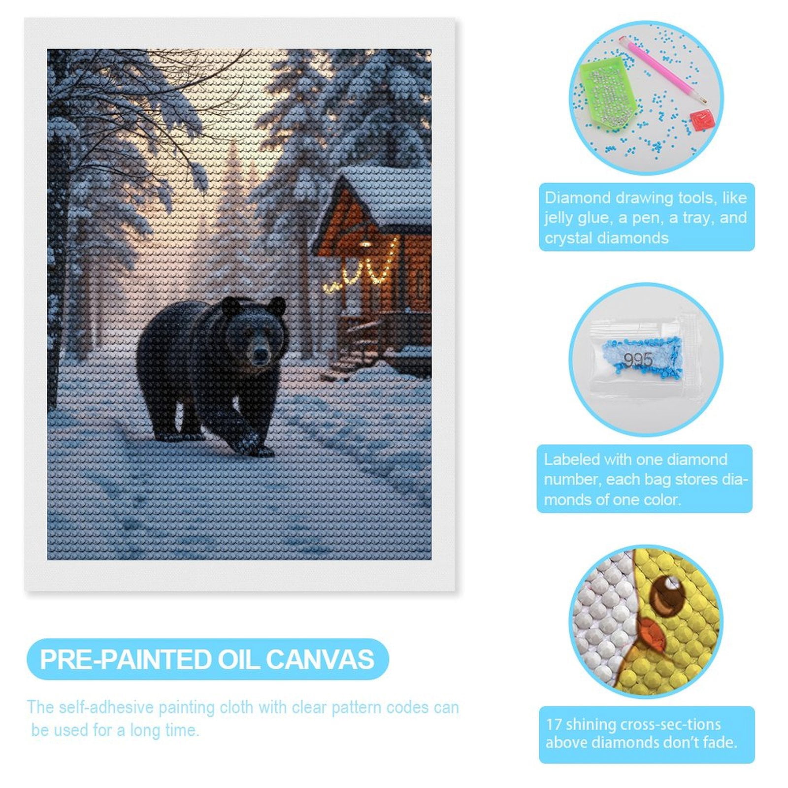 Diamond Art Kits for Adults, Bear Winter Cabin Snow Forest 5D Diamond Painting Kits for Adults Beginners, DIY Full Drill Diamond Painting, Gem Art and Crafts 12x16