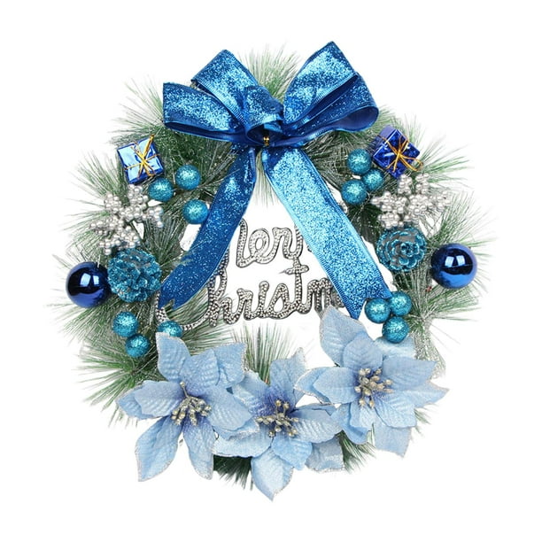 Corona navideña para colgar en la pared con adornos y lazo grande, ideal para Azul
