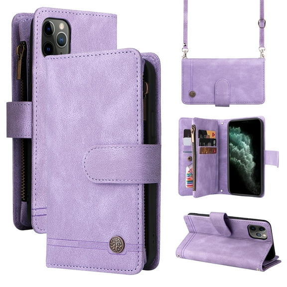 Feishell for iPhone 11 Pro 5.8 inch Zipper Wallet Case with Wrist Strap & Shoulder Strap,Premium PU Leather Magnetic Clasp Flip Holder Card Slots Crossbody Phone Case for Women Men,Purple
