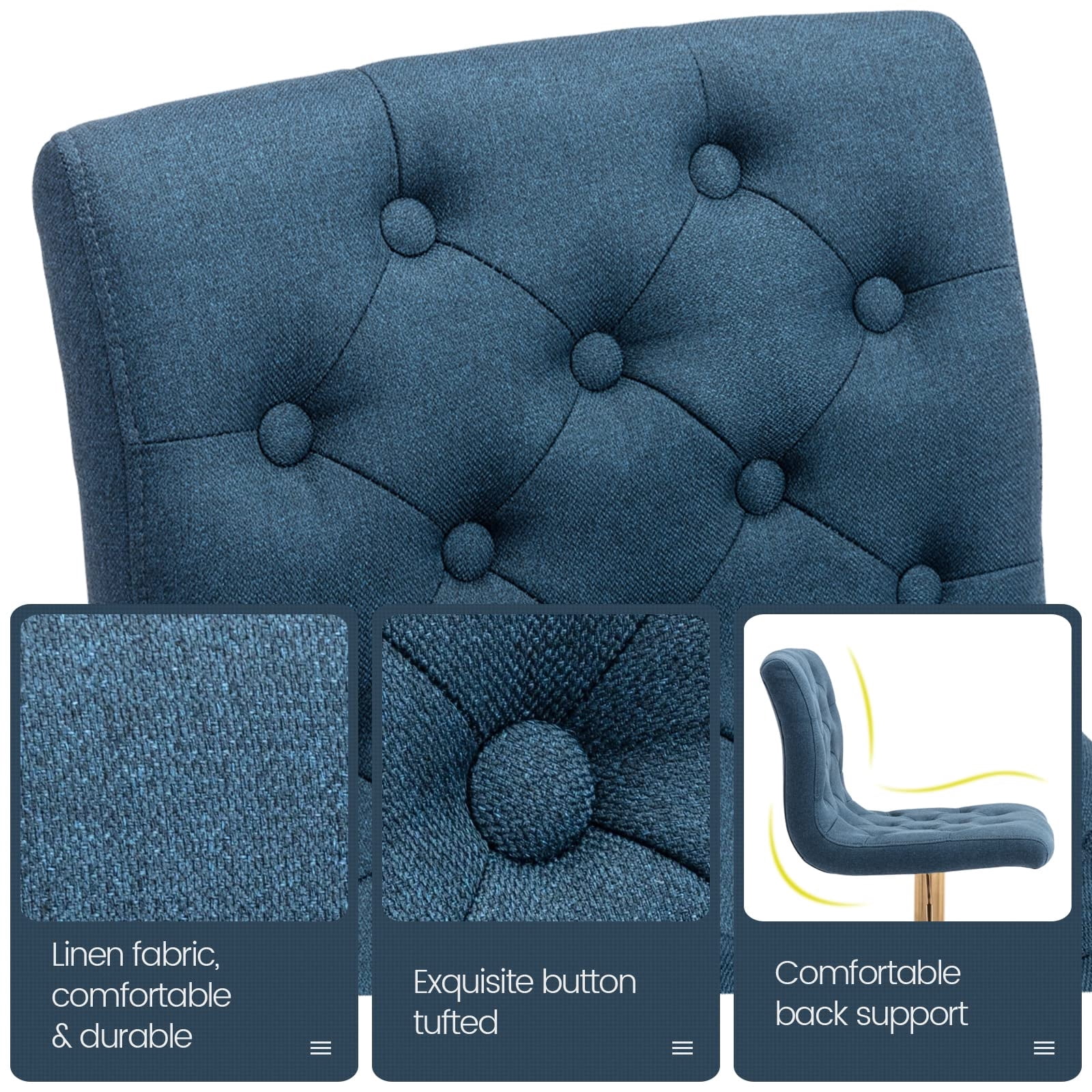 Modern Upholstered Bar Stool with Back Set of 2, Armless 360° Swivel Adjustable Height Linen Padded Bar Chair for Kitchen Island, Dining Room, or Café (Blue)