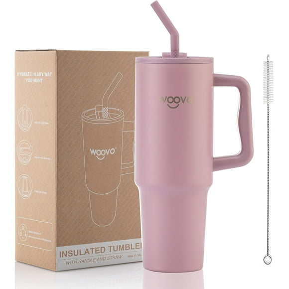 TRAHOO-40 oz Tumbler with Handle and Straw, BPA Free Insulated Water Bottle with Handle and 2-in-1 Lid, Reusable Double wall Stainless Steel Travel Mug with Handle, Mauve