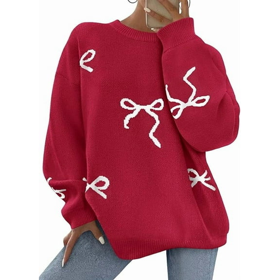 PRETTYGARDEN Fall Long Sleeve Pullover Sweaters for Women Trendy Crewneck Casual Cute Bow Chunky Knit Oversized Sweater