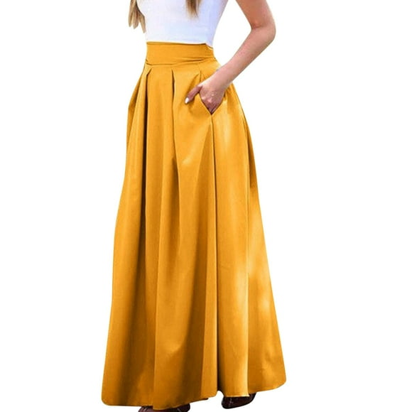 Pavied Pleated Skirt Plus Size Skirt Long Skirt Women's Large Solid Color Pocket High Waist Ol Half Skirt Pleated Skirt High Waisted Skirts for Women Fall Skirt Clearance Items Yellow 2XL