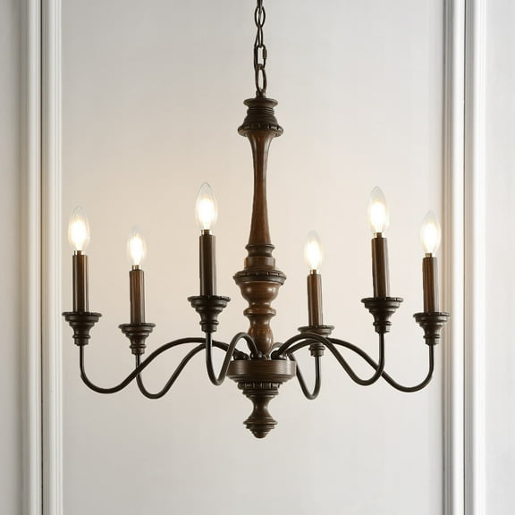 JONATHAN Y Oakley 25" 6-Light Mid-Century Farmhouse Iron LED Chandelier, Wood Finished/Oil Rubbed Bronze, JYL1320A
