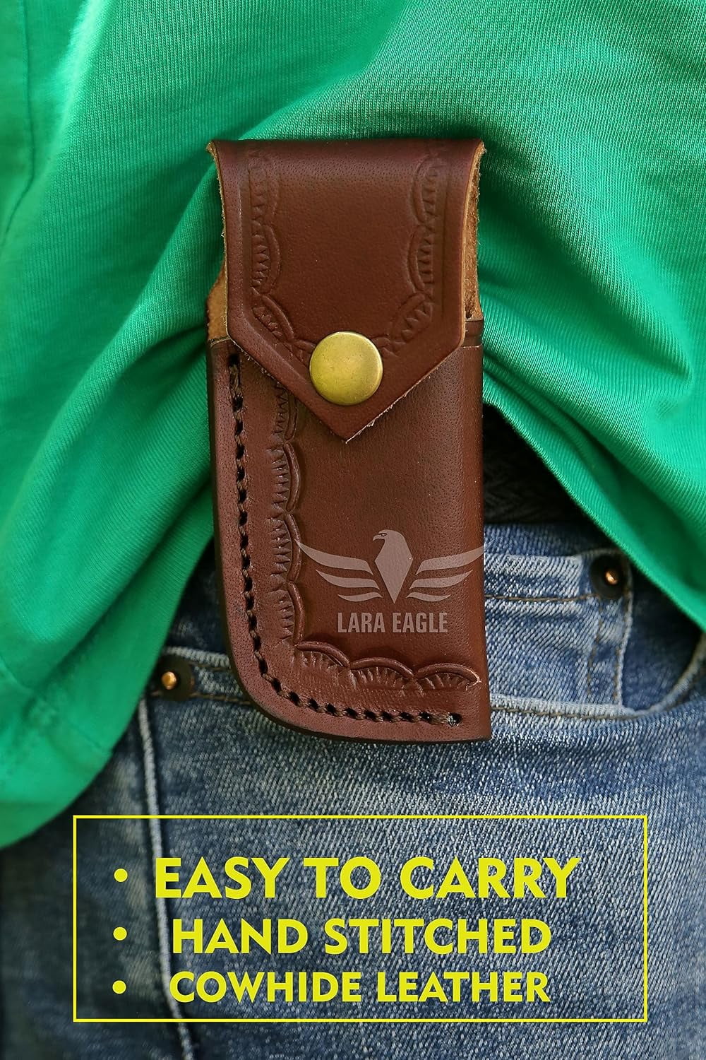 Lara Eagle Damascus Pocket Knife for Men - Multi Layer Solid Steel Handmade Folding Hunting Knives Turquoise & Camel Bone Handle with Sharpner and Leather Pouch
