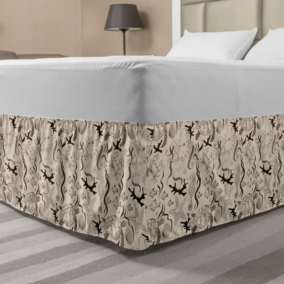 Beige Bed Skirt, Contemporary Illustration of Marine Animals in Retro Style Octopus Crab Seahorse Art, Elastic Bedskirt Dust Ruffle Wrap Around for Bedding Decor, 4 Sizes, Beige Brown, by Ambesonne