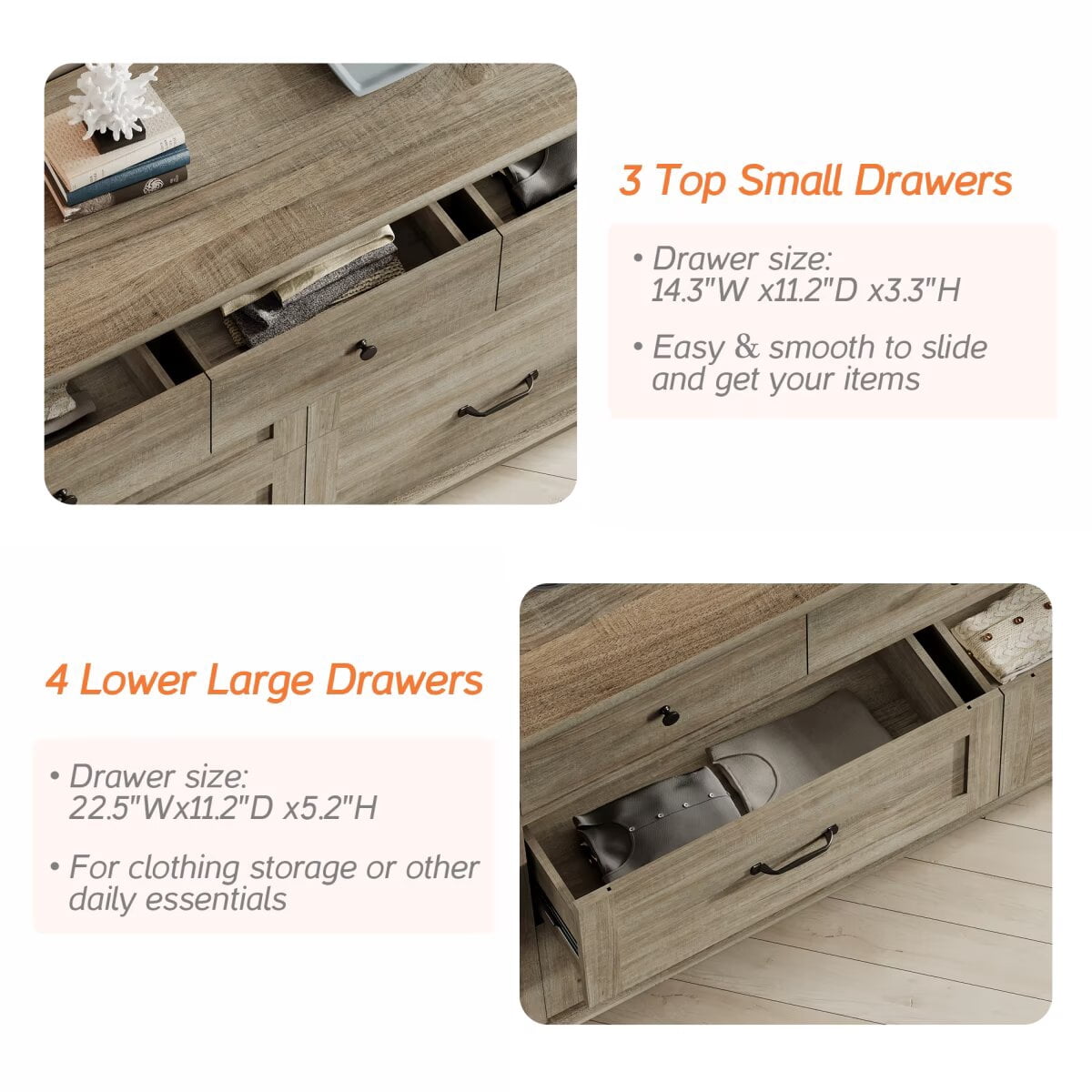 Wide Dresser with 7 Drawers, Large Dresser TV Stand for Living Room Kids Room, Grey