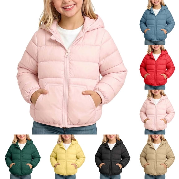 Agkizg Kids Girls Lightweight Hooded Puffer Coat Zip Winter Jacket with Pockets Solid Color Warm Casual Outerwear