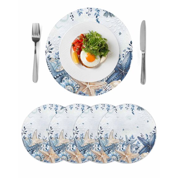 Blue Starfish Coastal Round 15 Inch Placemats Set of 4, Eucalyptus Summer Nautical Shell HeatResistant Non Slip Place Mats for Dining Table, Wipeable Braided Kitchen Table Mats for Housewarming