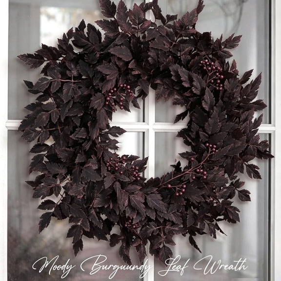 Fall Decor - Fall Wreaths for Front Door - 24 Inch Plum Cimicifuga Leaves Wreath - Autumn Harvest Halloween Decorations for Home Indoor Outdoor Mantle Window Wall Kitchen