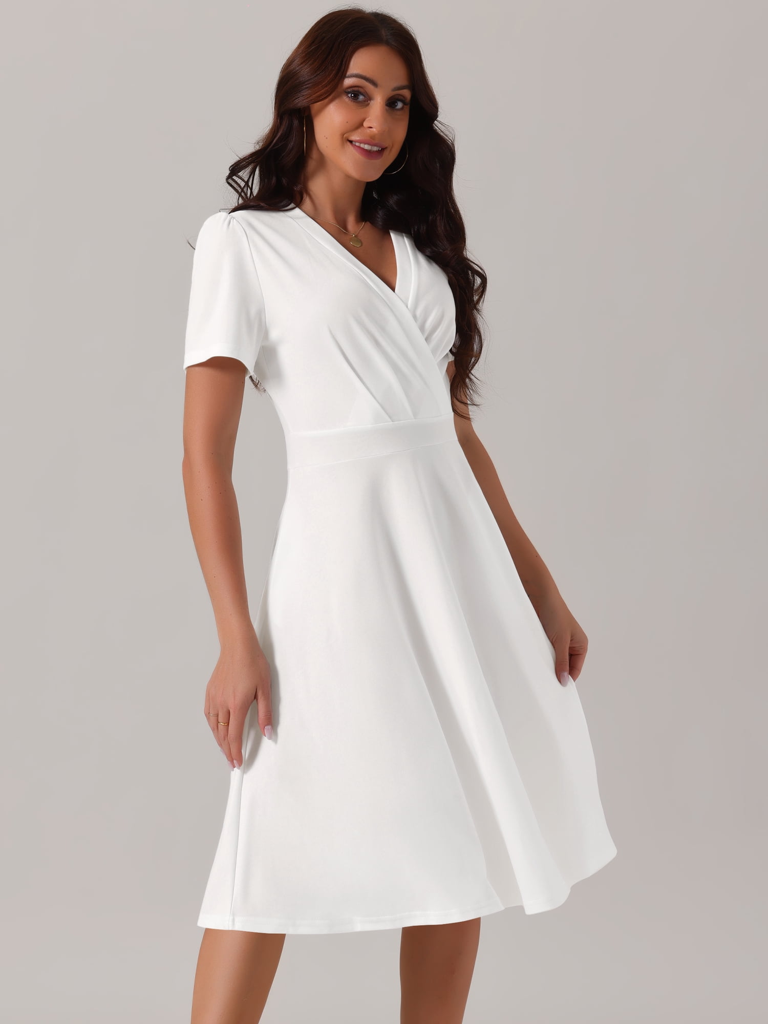 Unique Bargains Women's Summer Wrap V Neck Puff Short Sleeve Midi Swing Dress M White