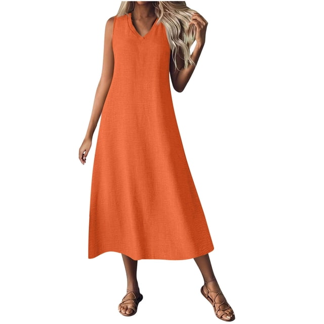 Mgmyaa Robe Longue Décontractée pour Femmes Été Sans Manches Col en V Robe Maxi Fête Mariage Vacances Plage Robe d'Été