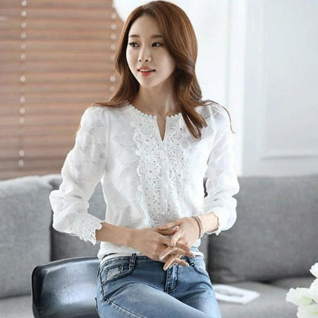 Promotion Liquidation Chemise Blanche à Manches Longues Brodée Décontractée Basique Femme Dentelle Chiffon Tops Unis Automne Printemps