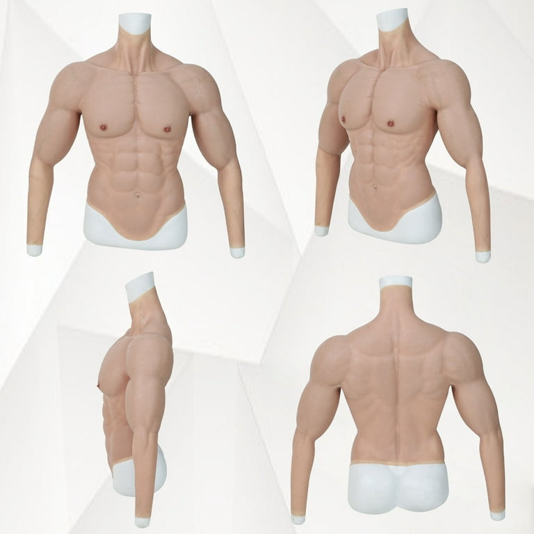 Male Chest Silicone Muscle Suit Realistic Mens Silicone Chest Male Fake  Muscle Belly for Cosplay Transgender,Tan