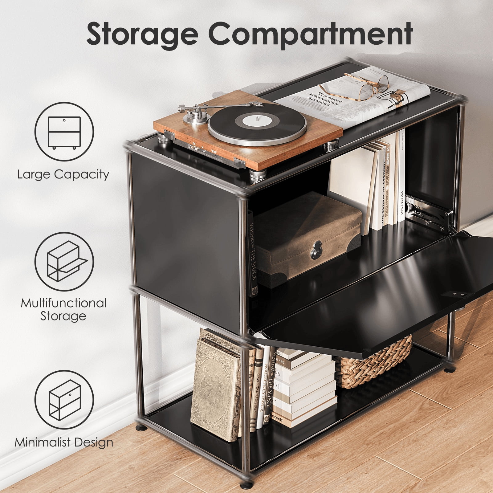 Cottinch 2-Tier Accent Cabinet,Metal Storage Cabinets with 1 Door,Open Shelf,Freestanding Organizer for Living Room,Black
