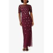 Adrianna Papell Boat Neck Short Sleeves Back Zipper Long Beaded Dress-CASSIS / 12