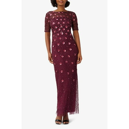 Adrianna Papell Boat Neck Short Sleeves Back Zipper Long Beaded Dress-CASSIS / 12