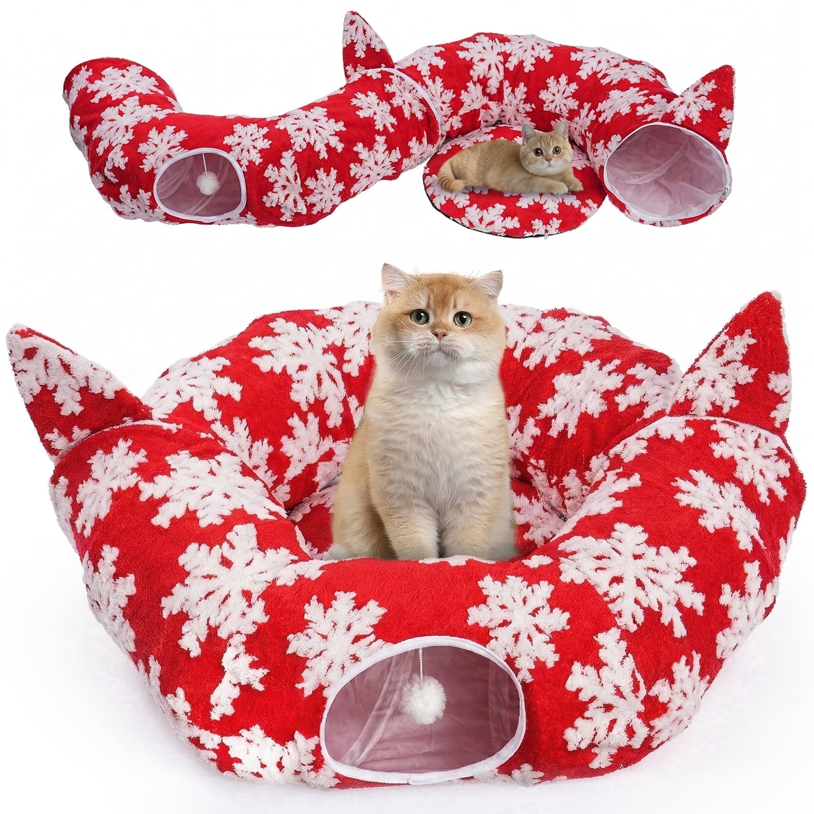 Hutact 3-in-1 Cat Tunnel with Cushion Cat Bed, 36in Cat Tunnel with Cushion Fleece Festive Red Snowflake – Detachable, Foldable, for 1-2 Cats Exercise Playing Sleeping, Red