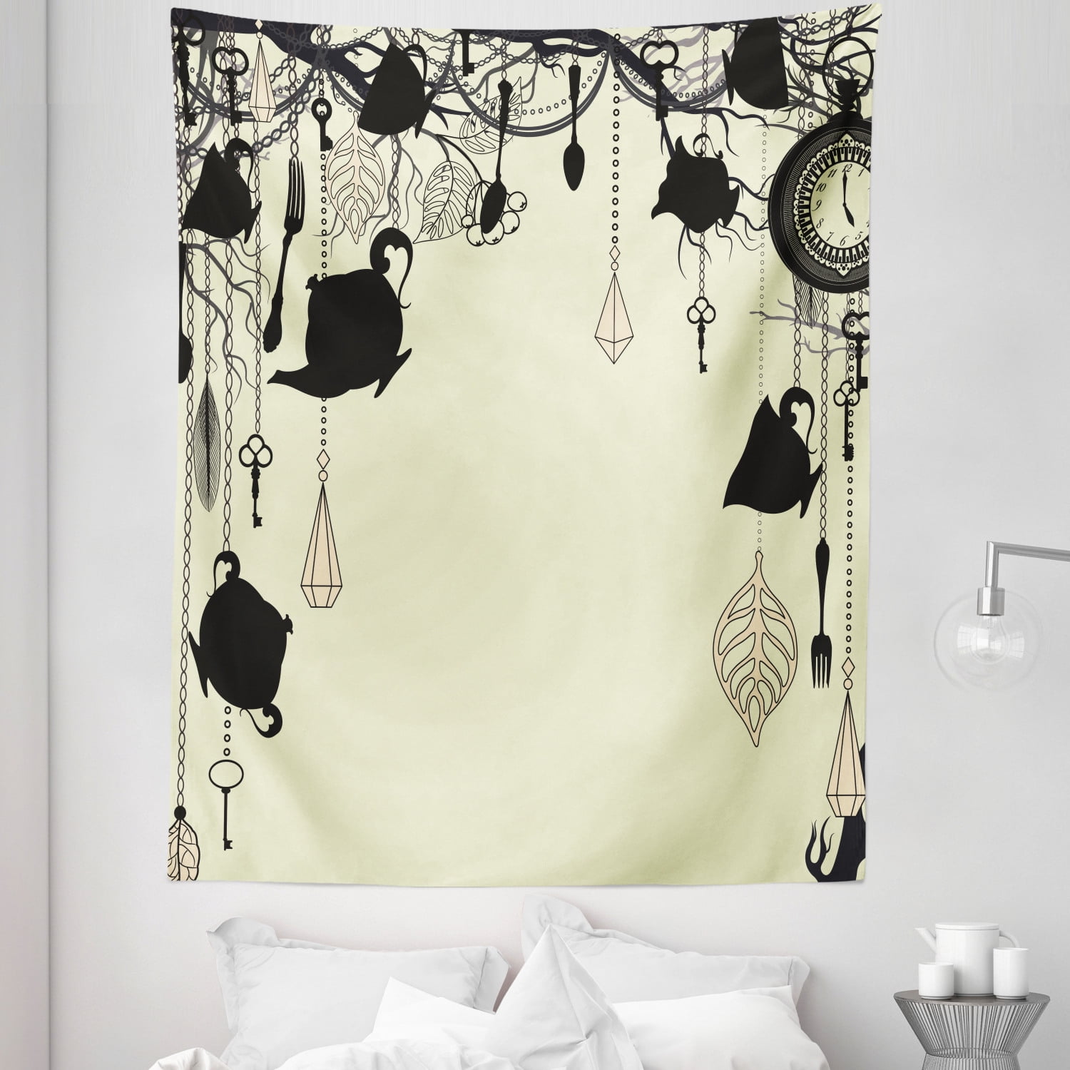 Vintage Tapestry, Vintage Tea Party Diamond Forks Spoons Cups Leaves