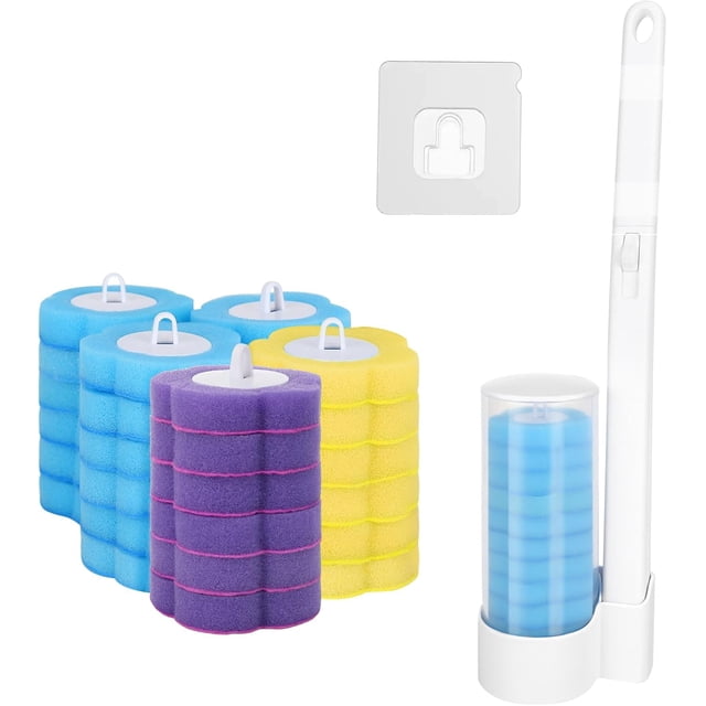 32Pcs Toilet Brush Replacement Head with Handle Disposable Toilet Brush Cleaning System Wall-mounted Holder Cleaner Set Disposable Toilet Wand Kit for Home Bathroom Kitchen
