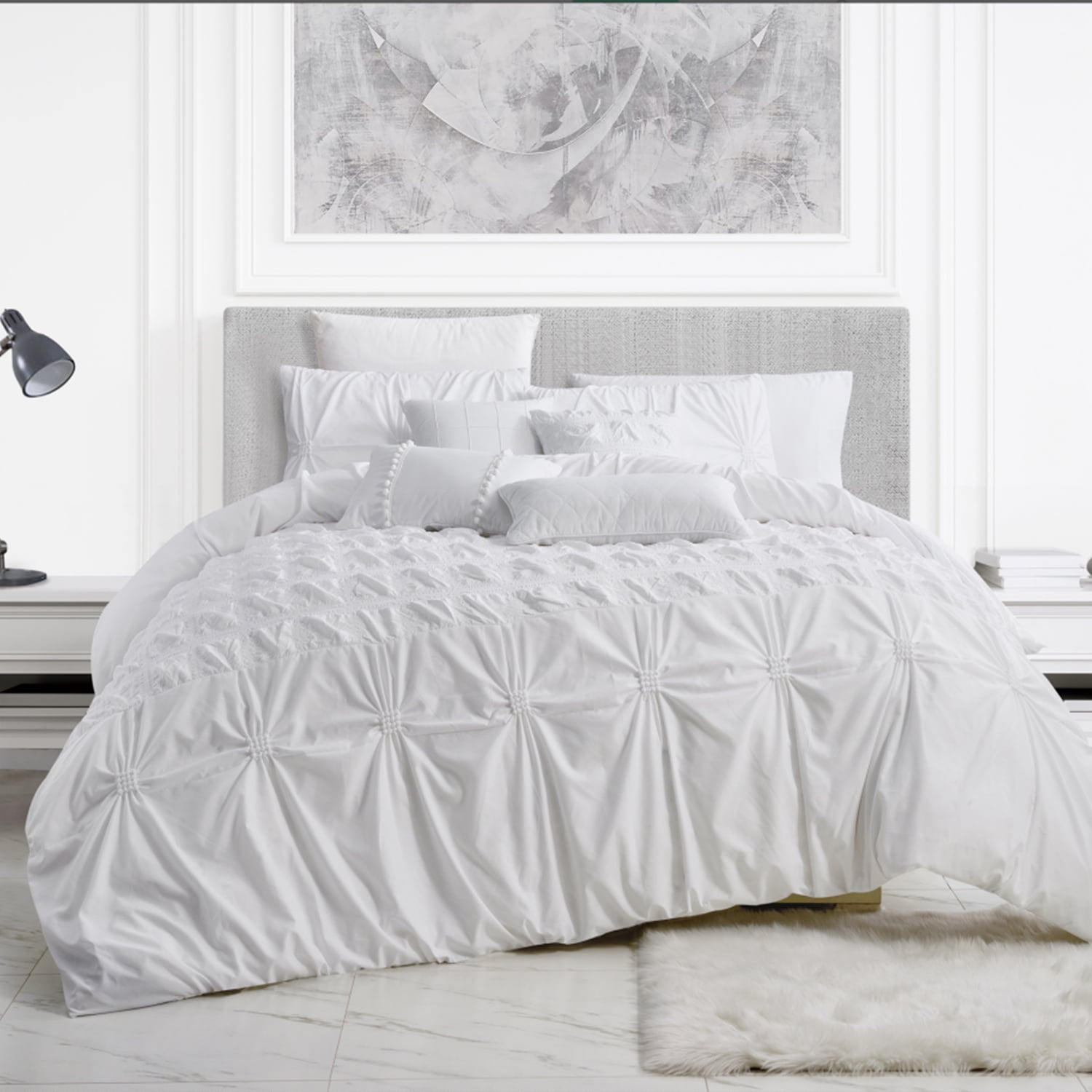 Full Queen Cal King Bed Light Gray Grey Pintuck Pleat Diamonds 3pc Comforter Set 