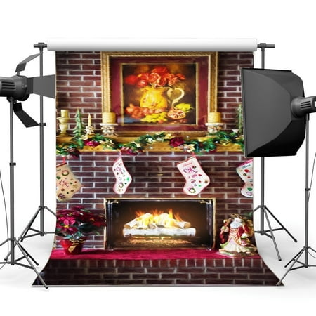 Image of HelloDecor 5x7ft Photography Backdrop Merry Christmas Fireplace Stocking Candles Vintage Brick Wall Frame Xmas Backdrops for Baby Kids Adults Happy New Year Background Photo Studio Props