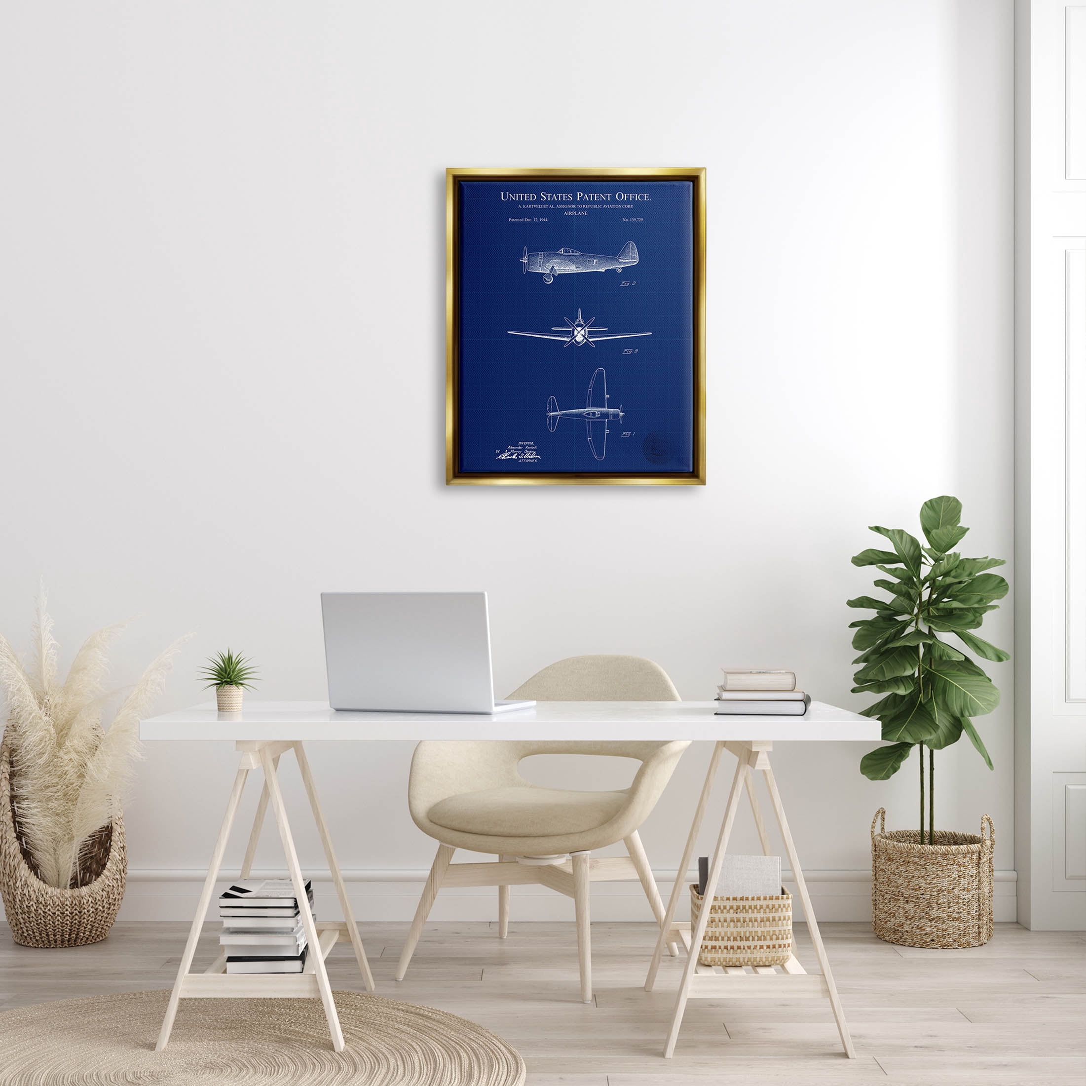 Stupell Industries Detailed US Airplane Blueprint Graphic Art Metallic Gold Floating Framed Canvas Print Wall Art, Design by Karl Hronek