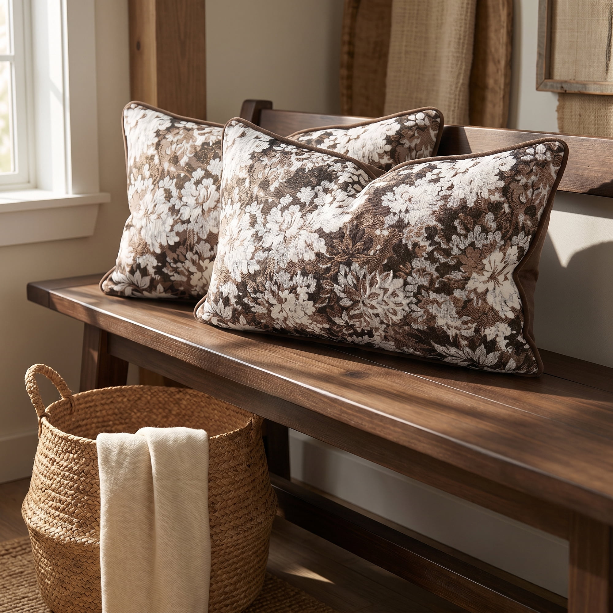 Unique Bargains Floral Throw Pillow Cover with Piped Edge Decor Cushion Case Brown 20"x12"