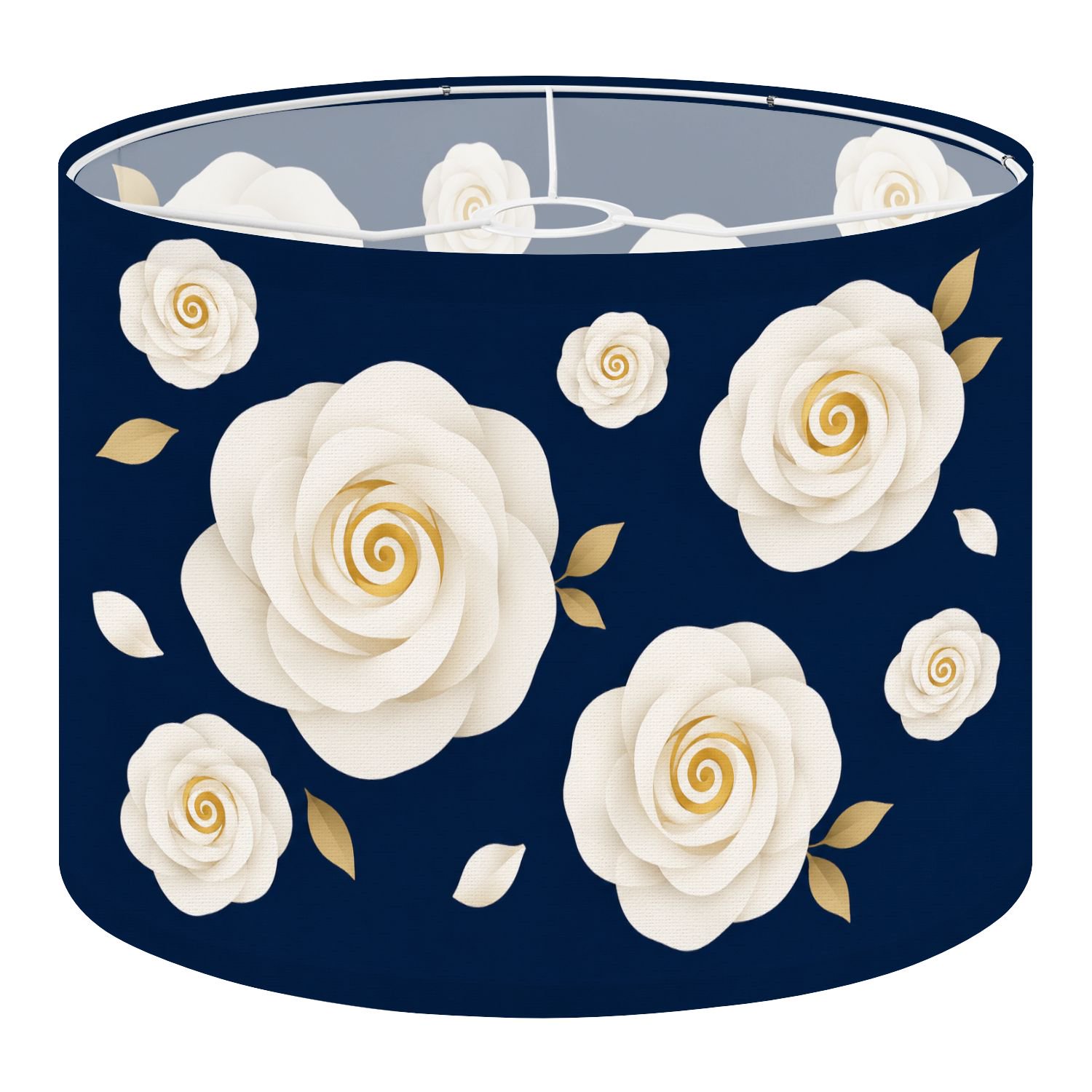 Lamp Shade 1 Pack Elegant White Roses Rustic Gold Accents Navy Warm Tone Boho Drum Lampshade for Table Lamps and Floor Lamps Easy Assembly Decorative Light Shade for Bedroom Living Room 13 x 10 in