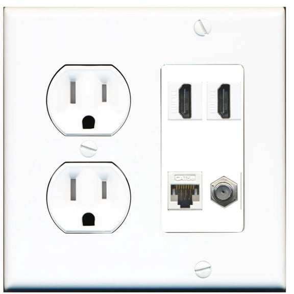 Ultra Spec Cables 2 Port HDMI Coax Cat6 Ethernet Wall Plate w/Tamper Resistant Power Outlet