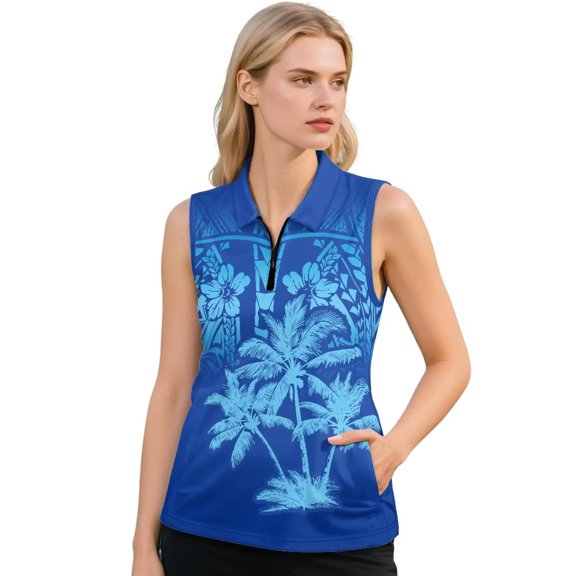 KEIAHUAN Palm Tree Racerback Women Athletic Sleeveless Tops Breathable Polynesian Golf Shirts Moisture Wicking Quarter Zip Workout Tennis T-Shirts with 2 Side Pockets