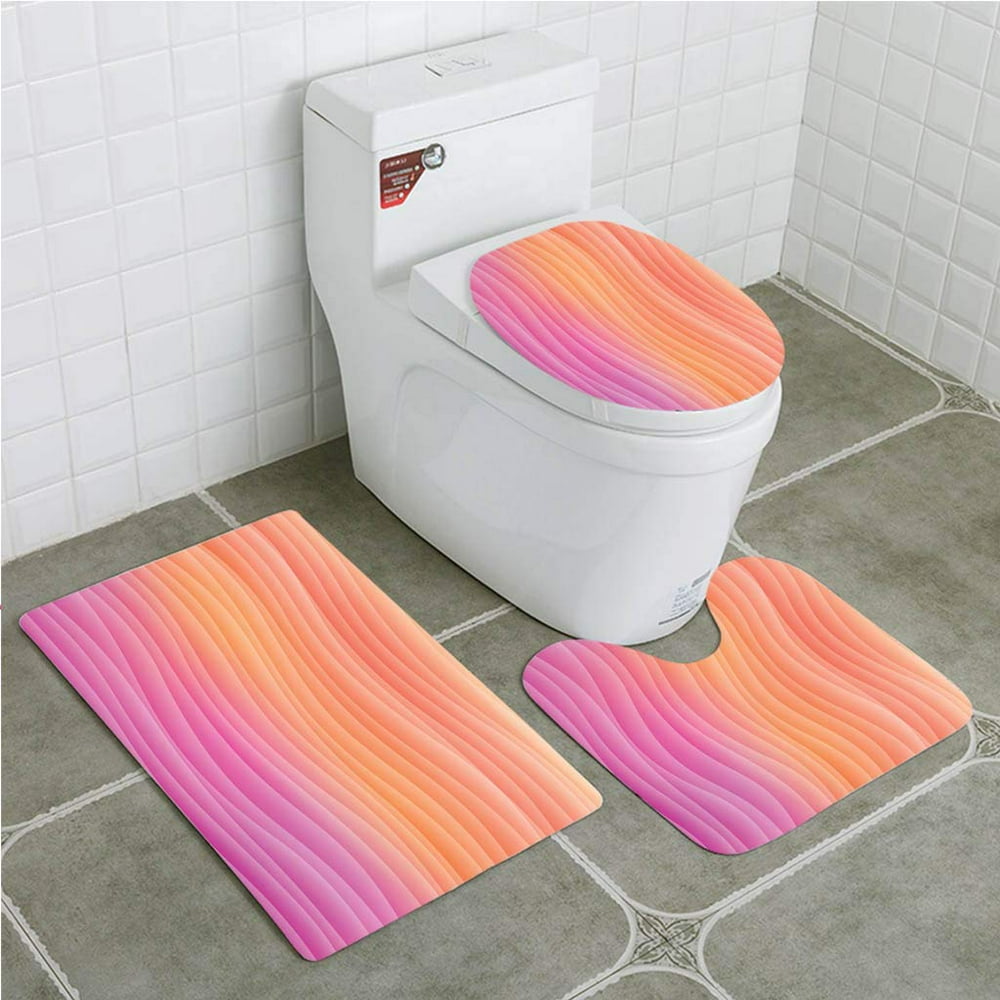 GOHAO Square Wavy Abstract Bright Peach Color Orange Pink 3 Piece Bathroom Rugs Set Bath Rug