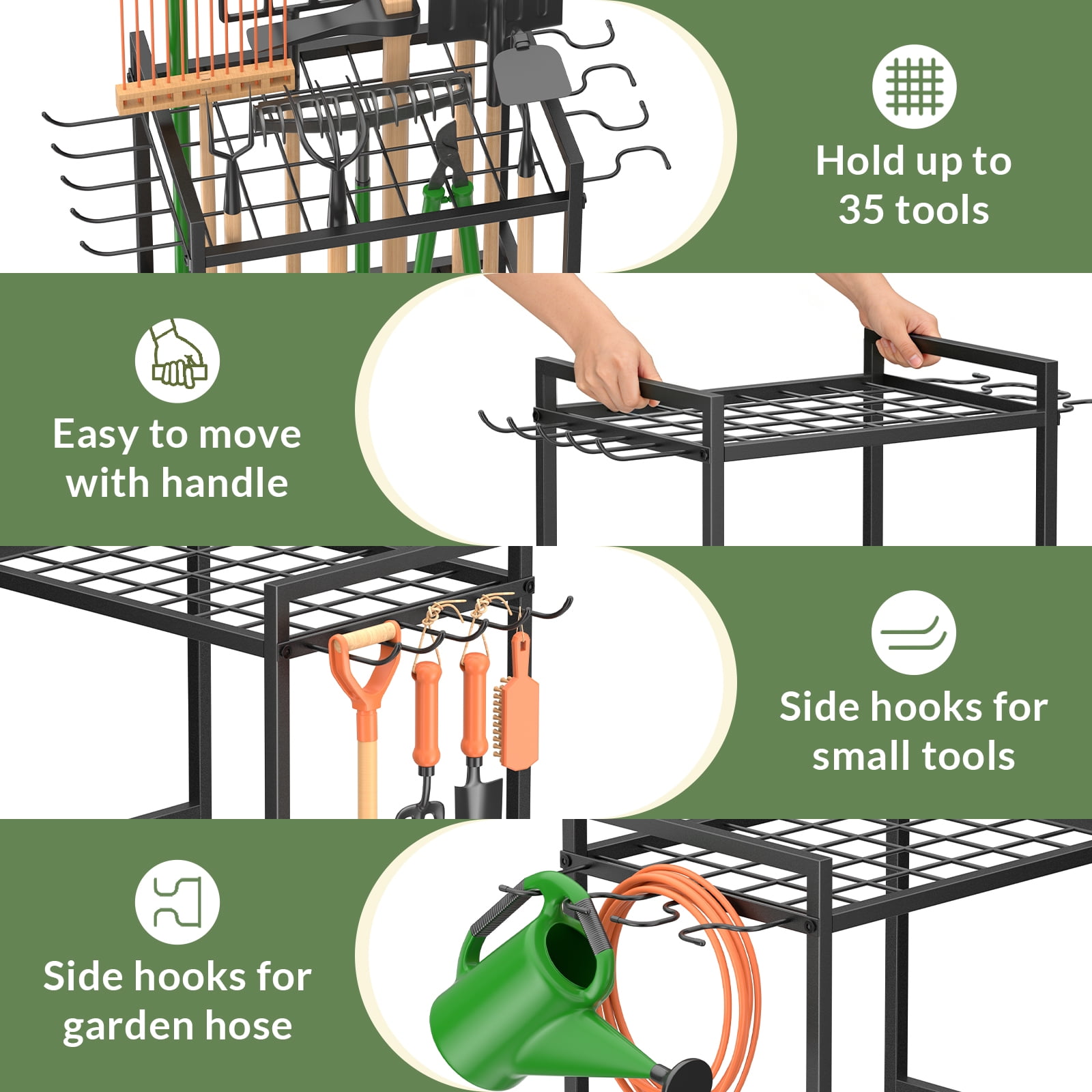 Garden Tool Organizer Rack with Hooks,Holds Up to 35 Long-Handled Tools, Rakes and Brooms, Metal Steel Stand for Shed or Outdoor Storage Backyard