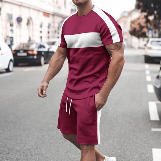 NTACZA Shorts Set Men's Short Sleeve Athletic Tracksuits Crew Neck Mens Color Block Sweatsuits S