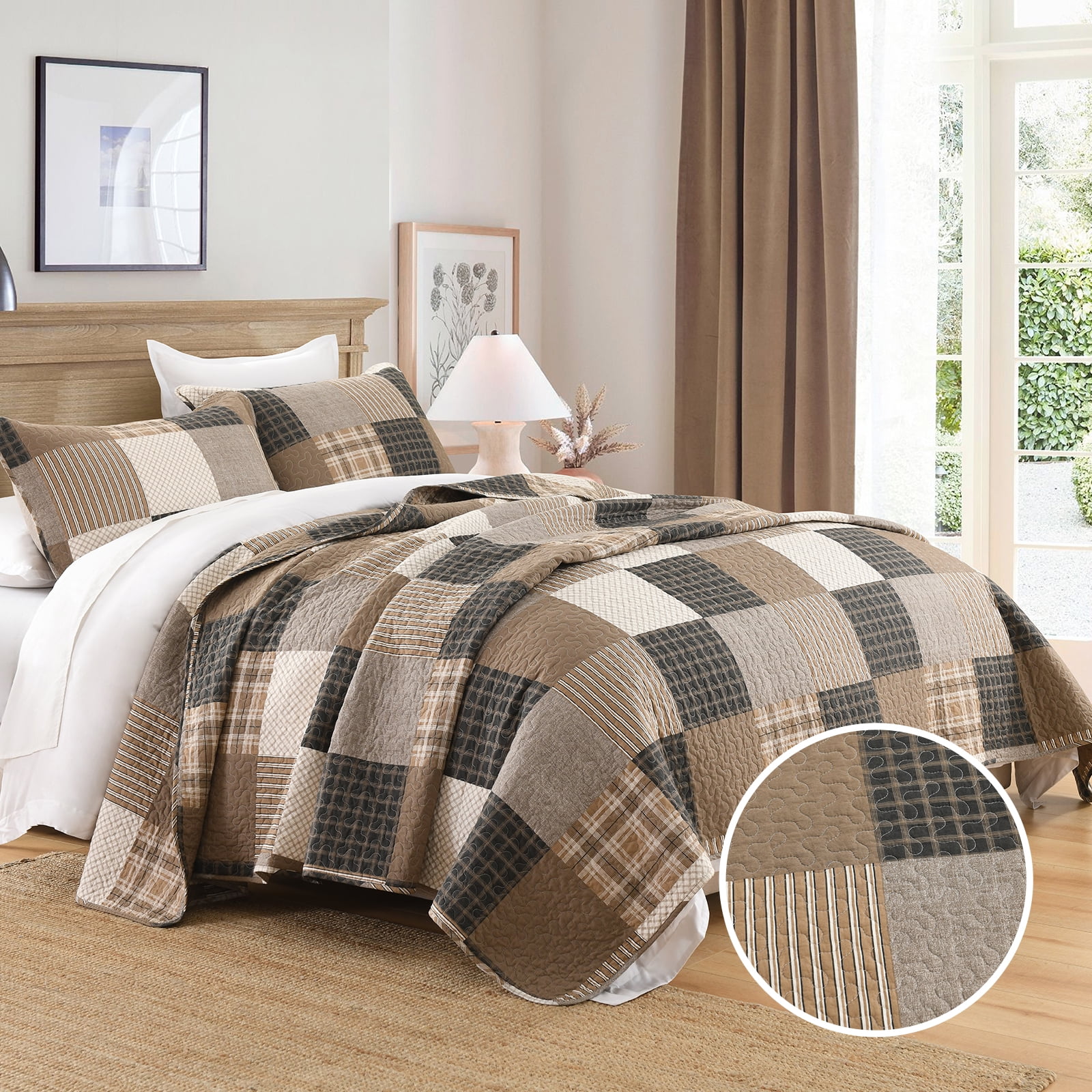 Bedduvit Farmhouse Plaid Queen Size Quilt - 100% Cotton Brown Gray Black Patchwork Quilts Bedspread for Queen Bed, Cabin Rustic Lightweight Reversible Quilt Set, All-Season 3-Piece Bedding Set, 98x90