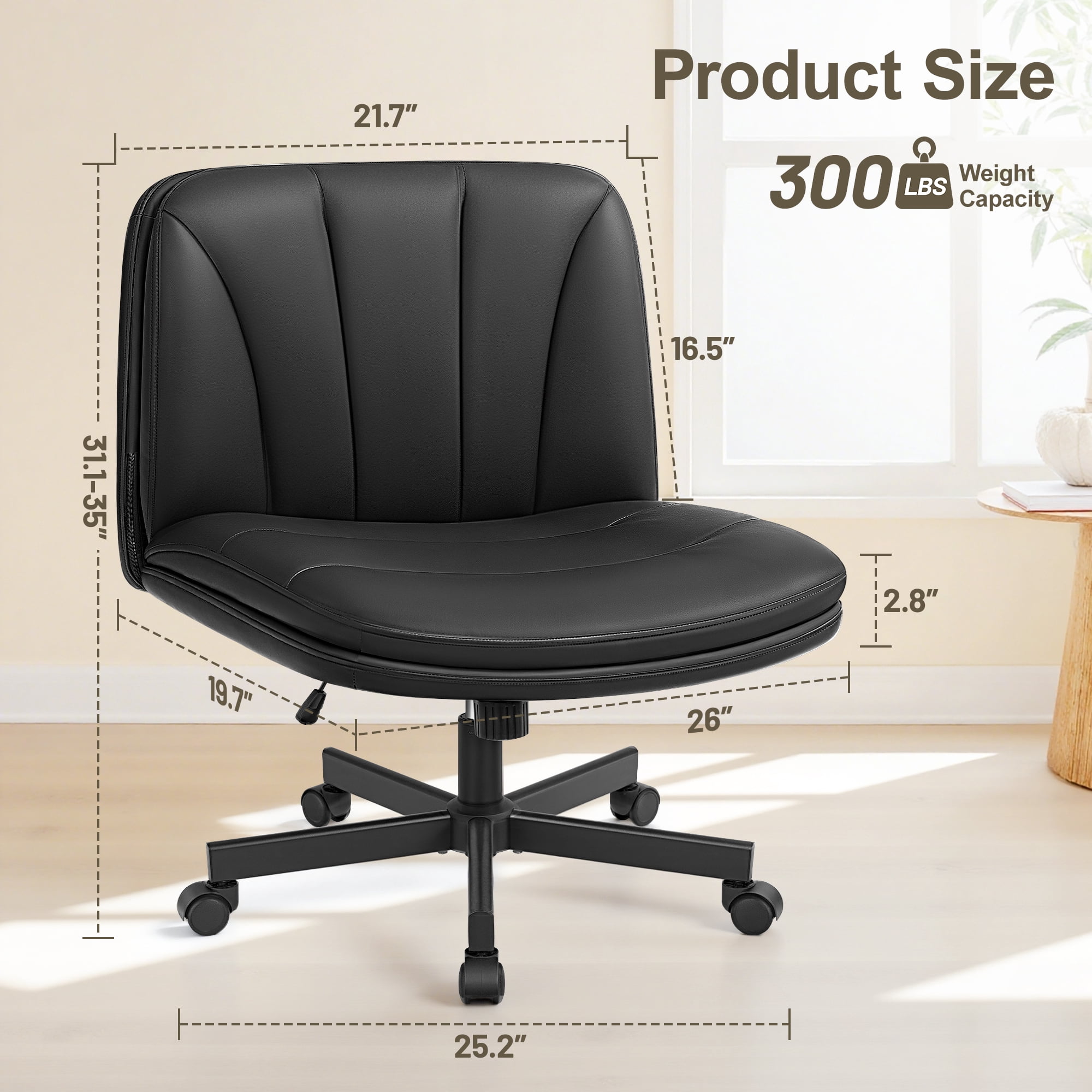 ATHOPE Criss Cross Chair with Wheels, 26"W Cross Legged Office Chair, Armless Vanity Desk Chair with 2 Layer Back & Seat, Swivel Height Ajustable for Home Office Bedroom, Black PU Leather