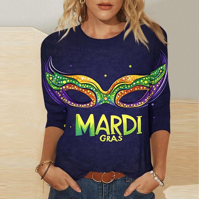 TIMIFIS T-Shirts pour Femmes Hauts Manches 3/4 Chemises pour Femmes Nouveauté Mardi Gras T-Shirts Graphiques Décontractés Col Rond Blouse de Vacances