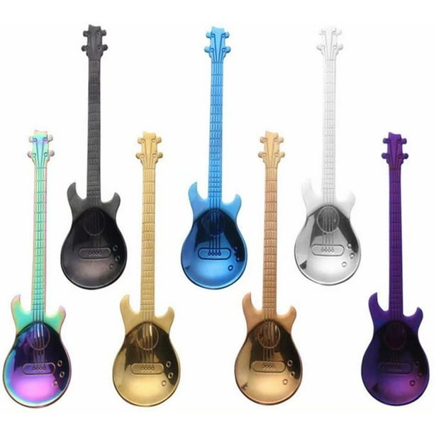 7 pcs Guitar Spoons Coffee Teaspoon, Stainless Steel Colorful Dessert Spoon, Cute Demitasse Tea Scoop (Multicolor)