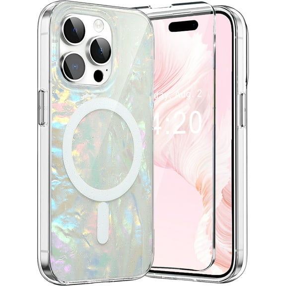 WATEFULL Compatible with iPhone 15 Pro MagSafe Case for Women Girls, Opal Pearly Bling Glitter Iridescent iPhone 15 Pro Magnetic Cover [1 Screen Protector] [10ft Drop Protection](Colorful Cloud)