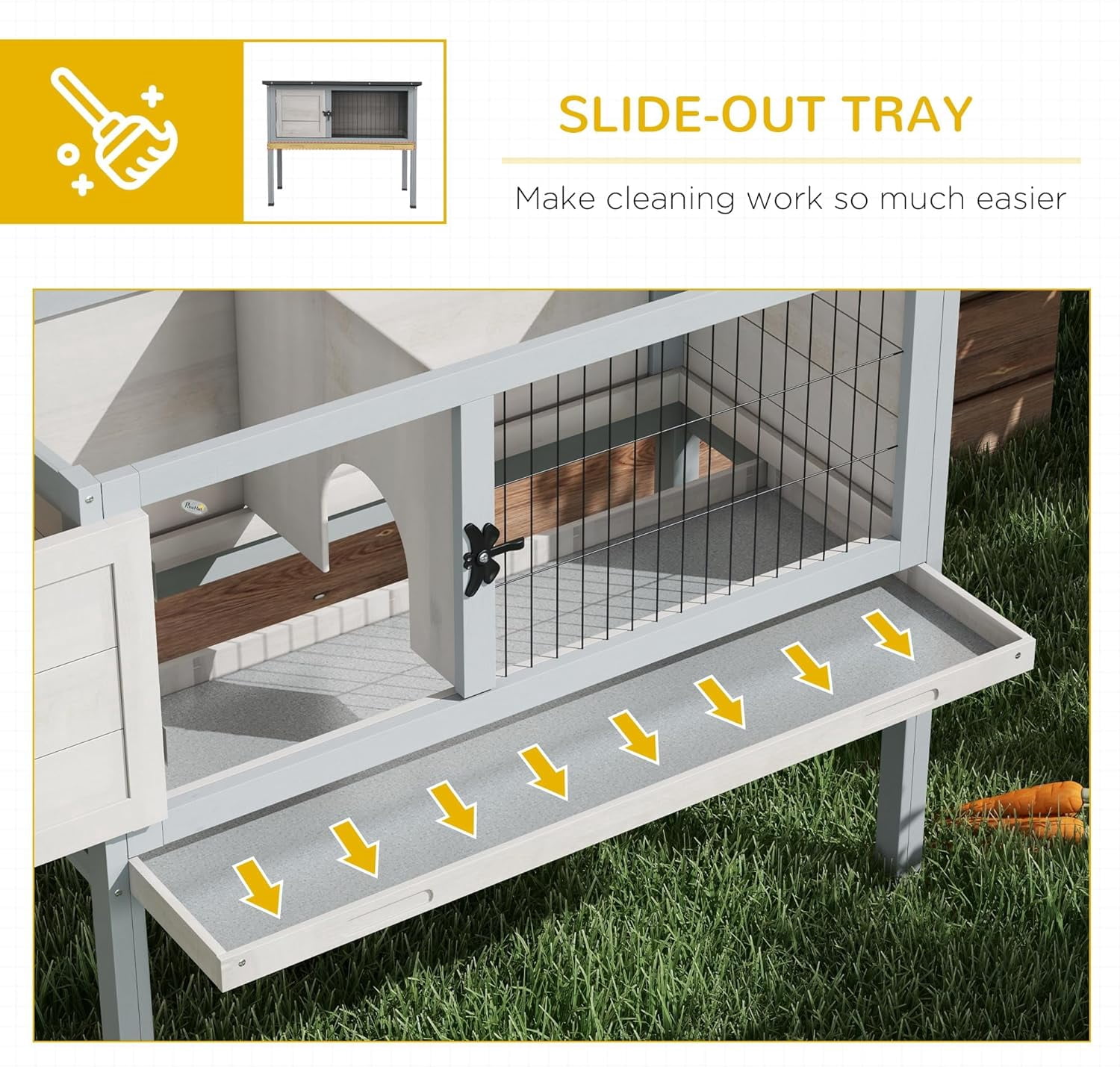 LEHOME Elevated Wooden Rabbit Hutch, Indoor/Outdoor Bunny Cage with Hinged Asphalt Roof and Removable Tray for Guinea Pig, Light Gray