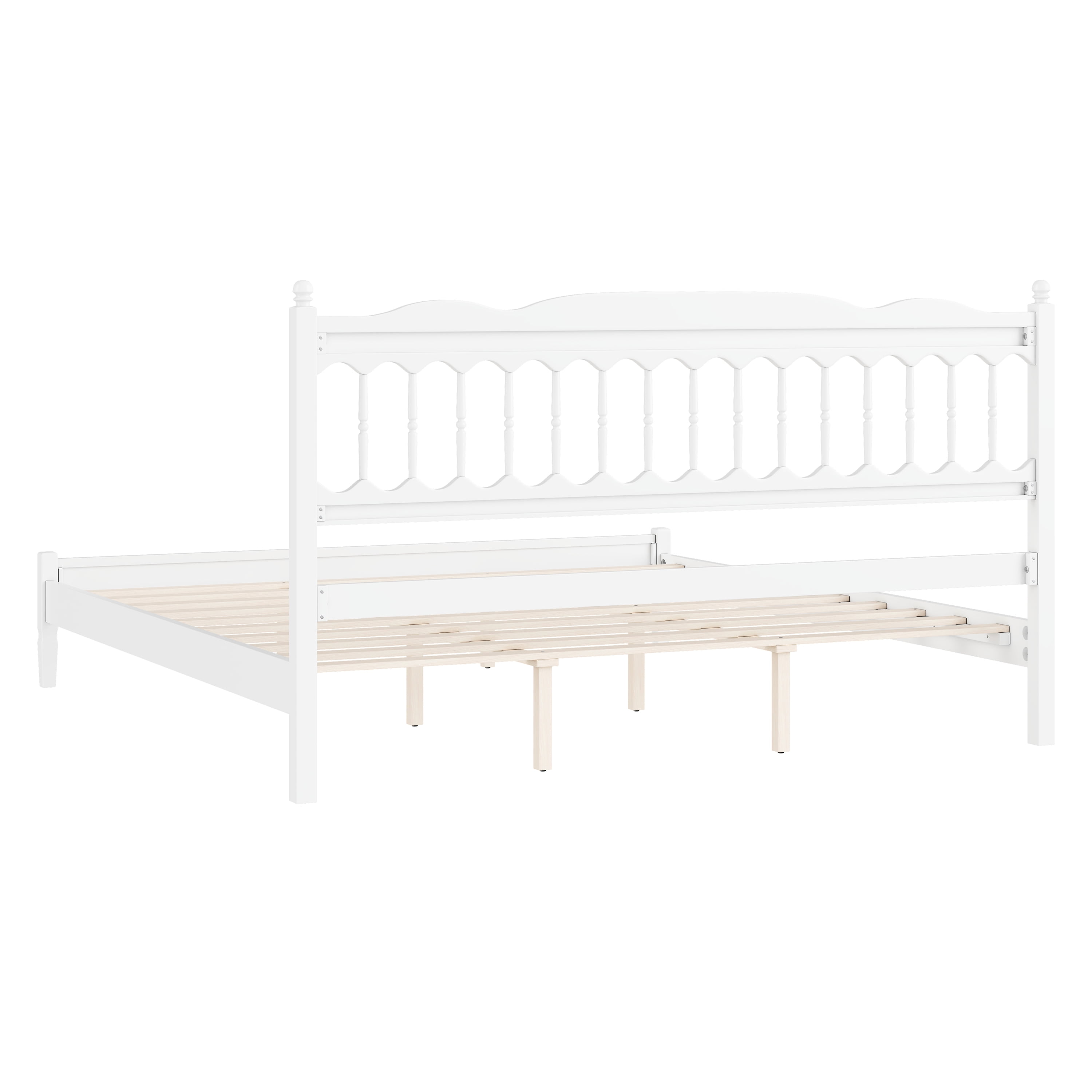 Mintazer Farmhouse King Platform Bed with Spindle Headboard, Vintage Arched Slat Platform Bed Frame for Bedroom, No Box Spring Required, White