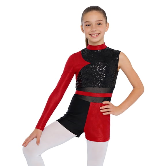 SiiRoh Kids Girls Glittery Sequins Gymnastics Ballet Dance One Piece Bodysuit Asymmetrical Skating Leotard Red 12