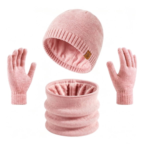 SYMOID Thermal Winter Beanie Hat, Neck Gaiter & Touchscreen Gloves Set, 100% Wool Fleece Lined, Unisex 3-Piece, Pink,Size Free Size
