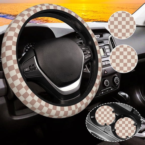Khaki Checkered Steering Wheel Cover for Women, Steering Wheel Covers with Anti-Slip Lining,  14.5-15 inchs  Interior Accessories with 2 count  Coasters Suitable for Men and Women
