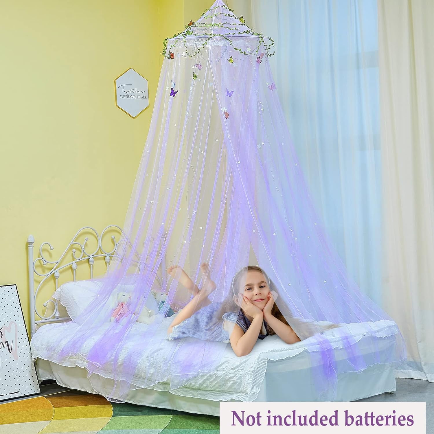 CAILDANL Bed Canopy for Girls Room Bed Canopy Curtains with Led Lights Mosquito Net DIY Princess Room Décor with Stars Butterflies for Kids Bedroom, Hot Pink